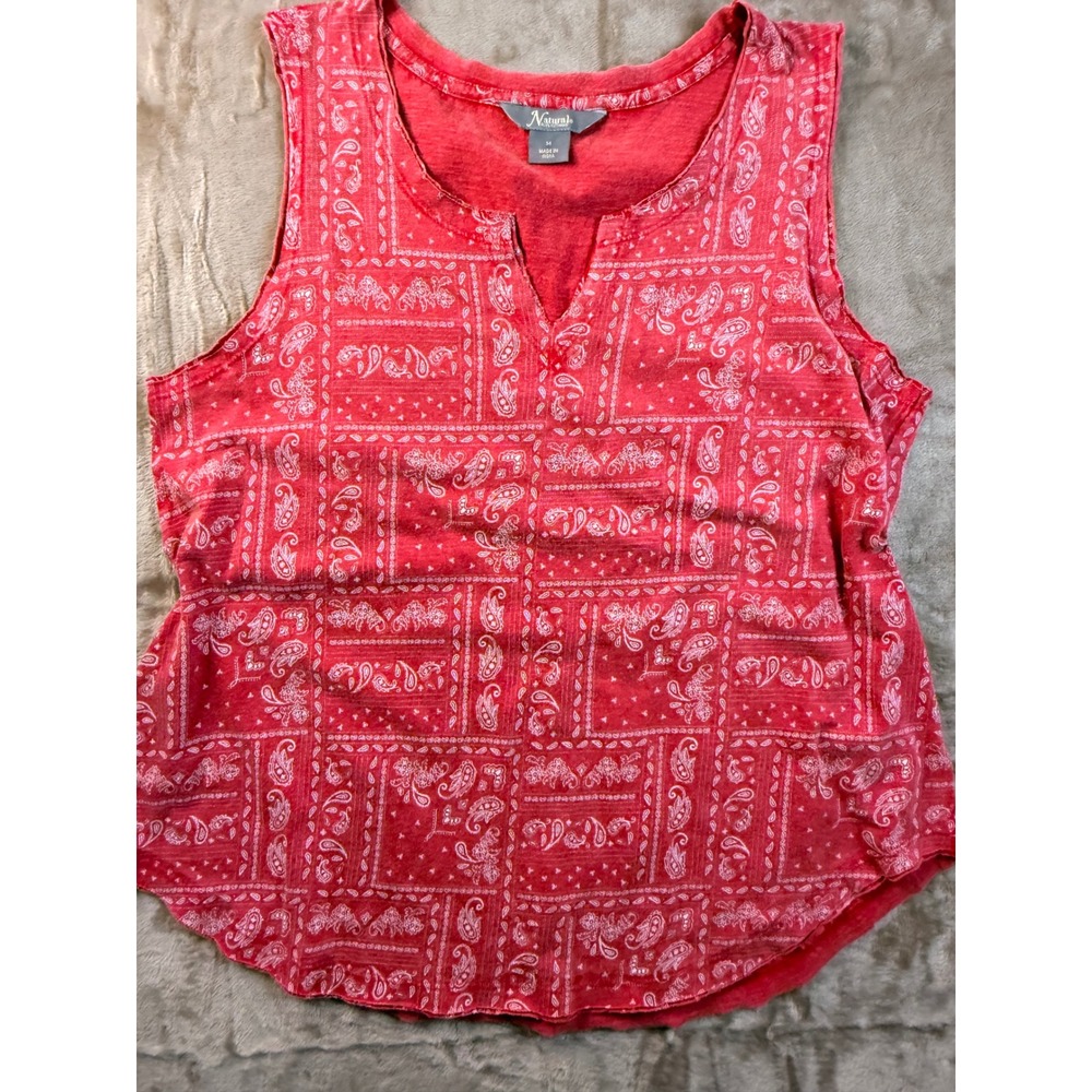 Boho Natural Reflections Womens Red Paisley Bandana Print Tank Top Split Neck